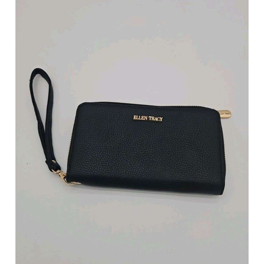 Ellen Tracy Black Wristlet Clutch Zip Pouch, Lined w/ Card Slots & Pockets